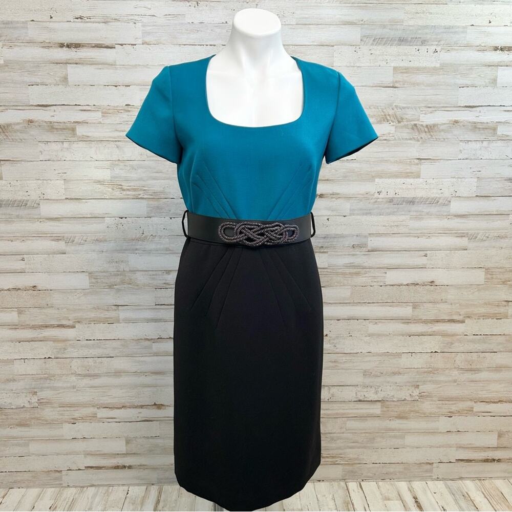 Tahari Arthur S Levine Short Sleeve Belted Dress Size 4 Teal Black Two Tone